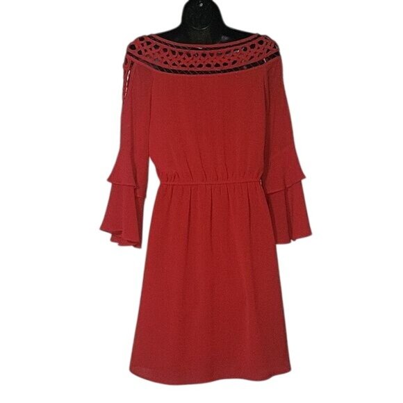 Crochet Neck Red Dress With Ruffled Sleeves By Skies Are Blue Size 8 Elegant & F - Picture 5 of 6